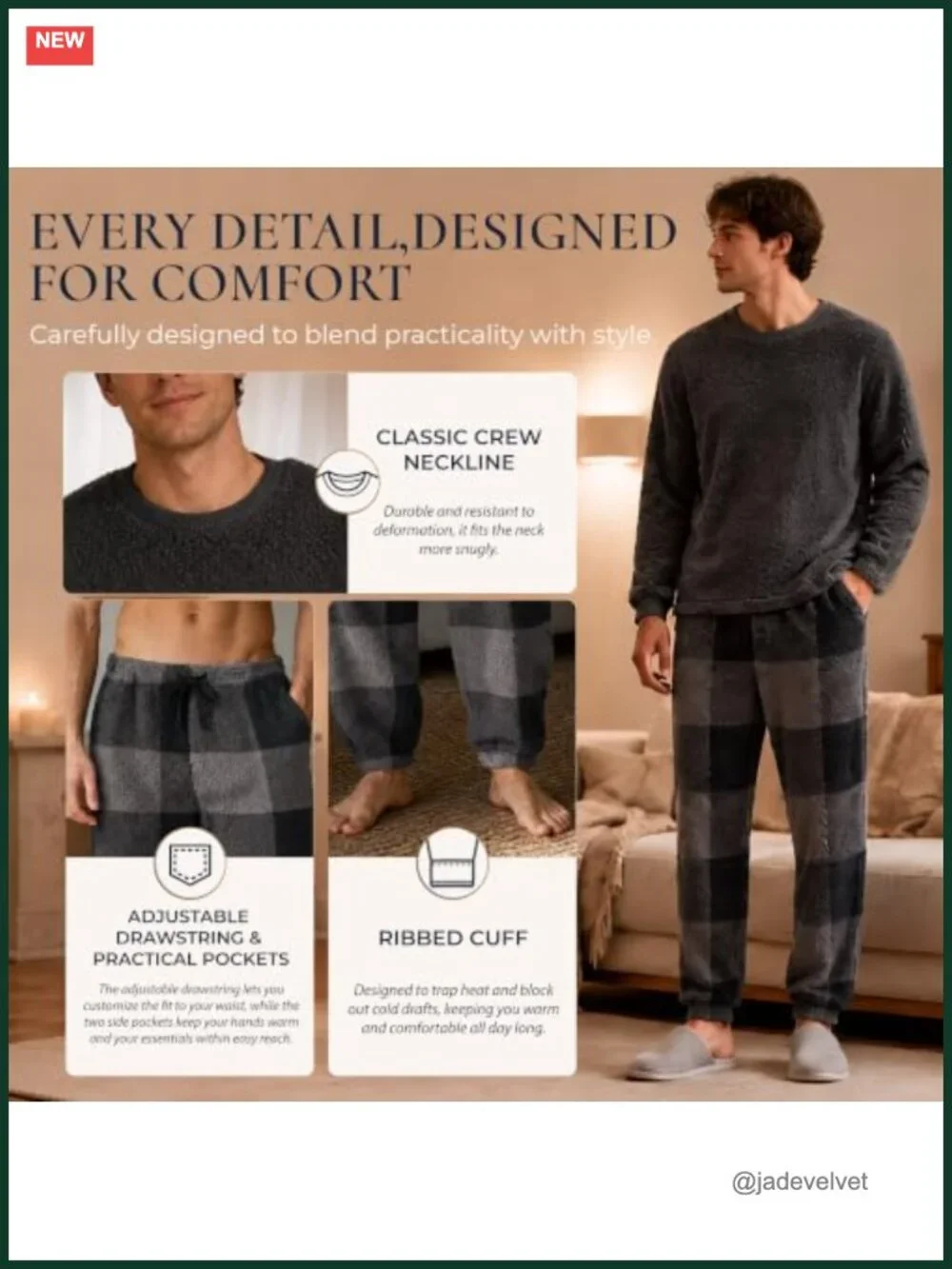 Men's Fleece Pajama Set Long Sleeve Plush Warm Loungewear with Pockets
